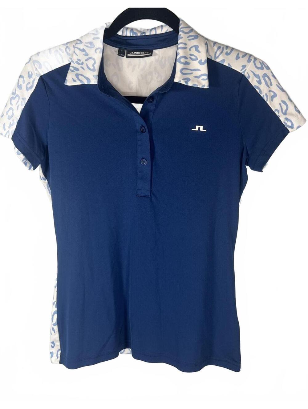 J.Lindeberg Cara Golf Polo S Navy Blue Cheetah Print Sporty Golfcore CountryClub